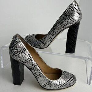 Calvin Klein Junie Foil Studded Snake Print Block Heel Pumps